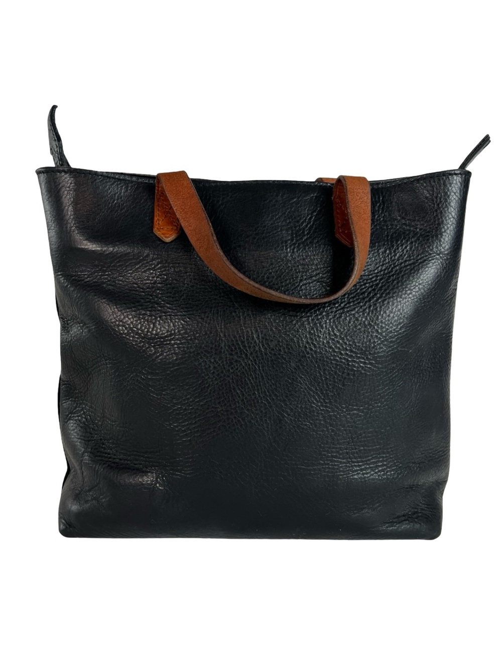 Madewell Small Black Pebbled Leather Tote Bag Brown Strap Minimalist Purse
